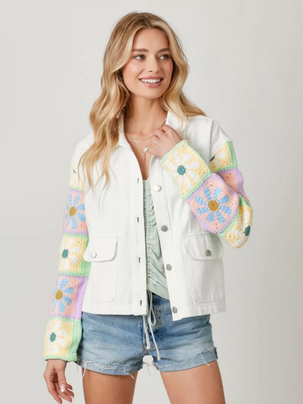 Mystree White jean Jacket with Pastel Crochet Sleeve Accents nwt